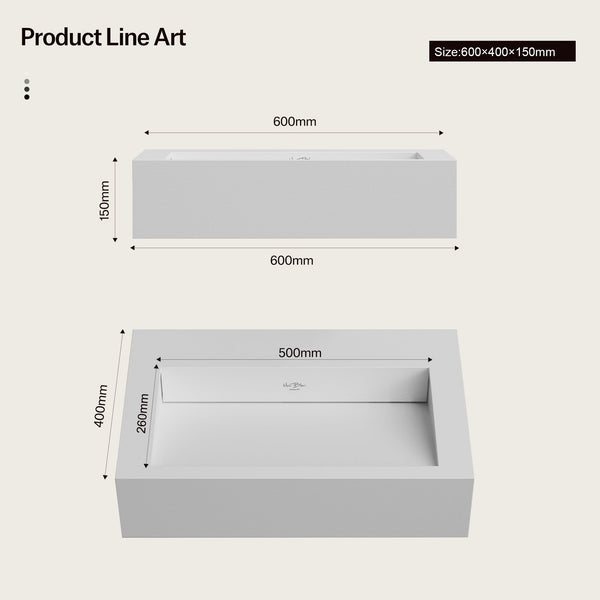 23.6 Inch MonBlari SERENE SERIES Solid Surface Wall Mount Sink Bathroom Sink