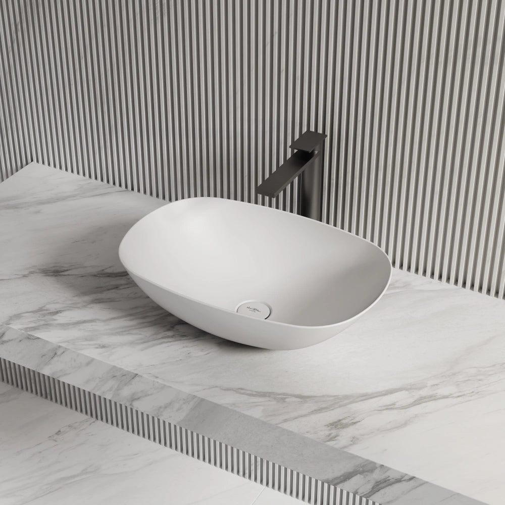 MonBlari TW-A107 Oval Solid Surface Bathroom Vessel Sink Side Top View Close-up