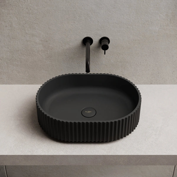 MonBlari TW-A117 Black Solid Surface Wash Basin Bathroom Vessel Sink Front Top View Close-up