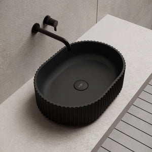 MonBlari TW-A117 Black Solid Surface Wash Basin Bathroom Vessel Sink Left Side Top View Close-up