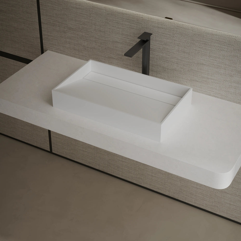 MonBlari TW-A160 Rectangular Solid Surface Vessel Sink Bathroom Sink Side Top View Close-up