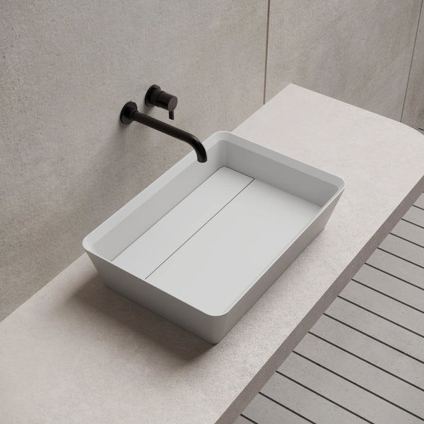 MonBlari XA-A36D White Rectangular Solid Surface Bathroom Sink Left  Side Top View Close-up
