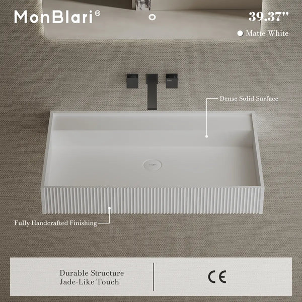 MonBlari TW-G251 Solid Surface Bathroom Wash Basin Fluted Design Wall Mount Sink