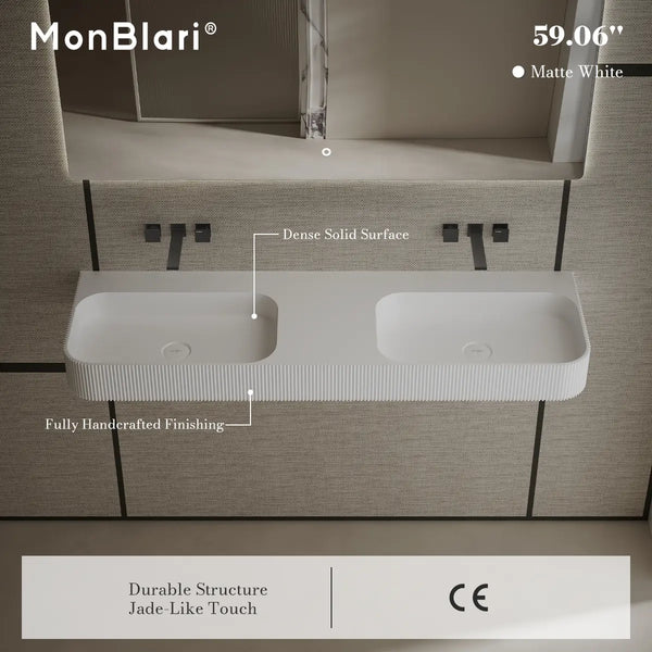 MonBlari TW-G262 Solid Surface Bathroom Basin Wall Mount Sink Fluted