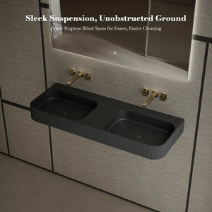 MonBlari TW-G286 Rectangular Solid Surface Sink Wall Mount Double Sink Fluted