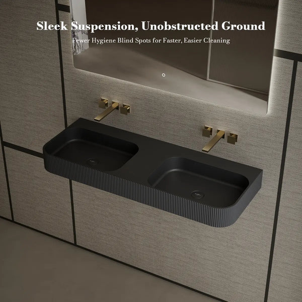 MonBlari TW-G286 Rectangular Solid Surface Sink Wall Mount Double Sink Fluted