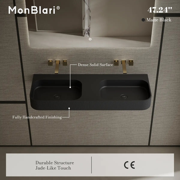MonBlari TW-G286 Rectangular Solid Surface Sink Wall Mount Double Sink Fluted