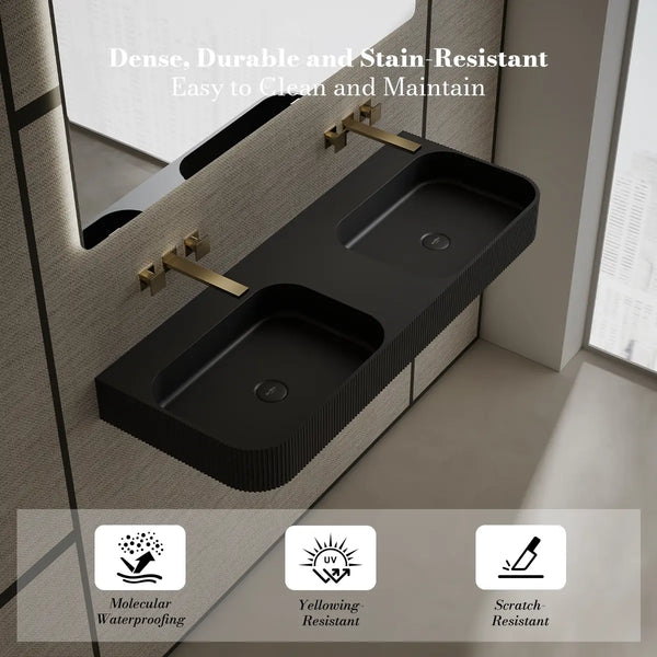 MonBlari TW-G286 Rectangular Solid Surface Sink Wall Mount Double Sink Fluted