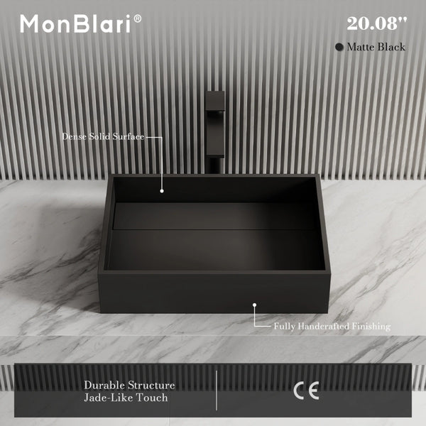 MonBlari XA-A32B Black Rectangular Solid Surface Sink Vessel Sink for Bathroom 510mm - 600mm