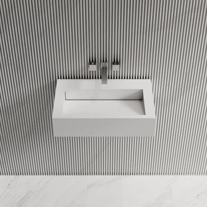 Modern bathroom sink with solid surface material rectangular design front top view close-up