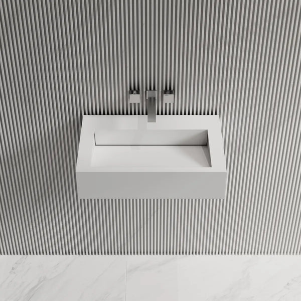 Modern bathroom sink with solid surface material rectangular design front top view close-up