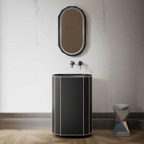 MonBlari Beryl Series elegant matte black pedestal sink with crisp white edge