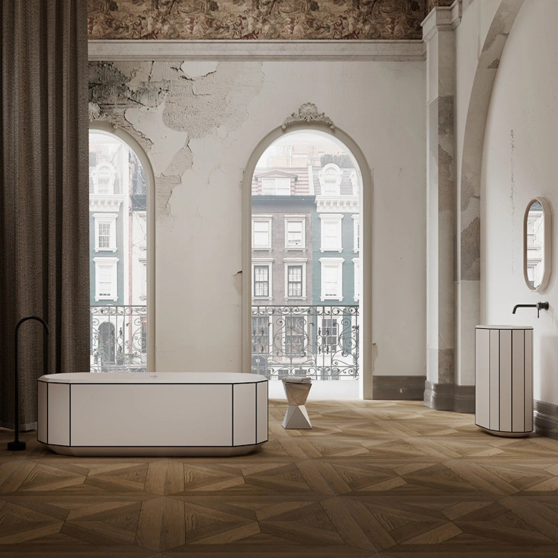 MonBlari BERYL Series freestanding bathtub with black rim in modern luxury bathroom