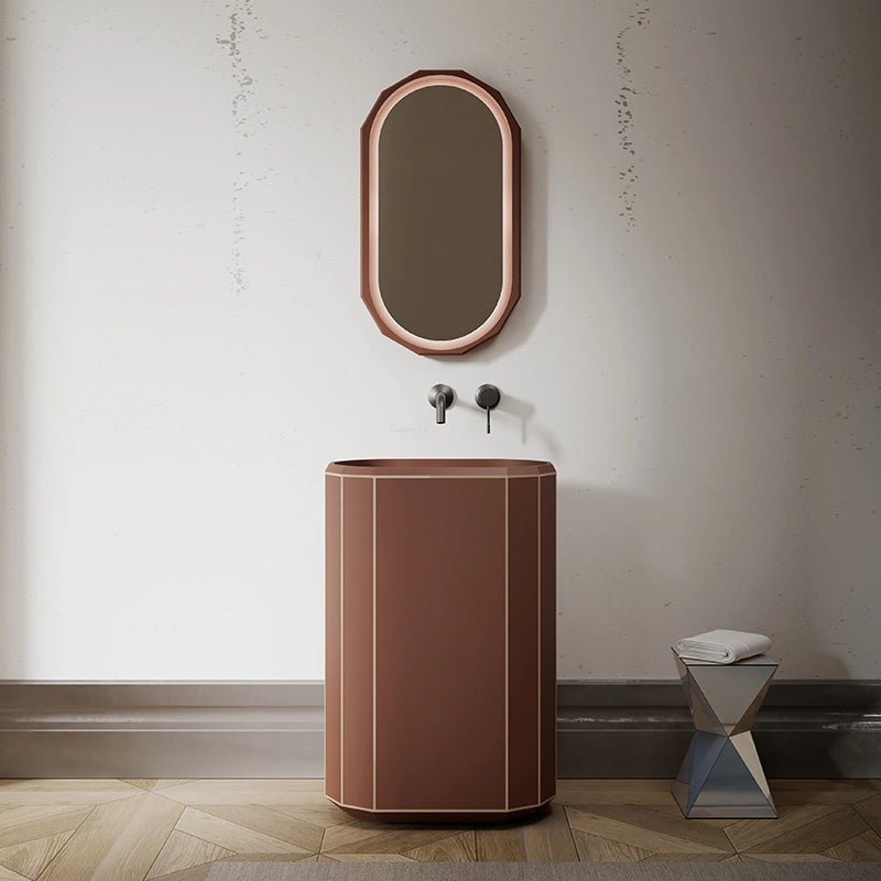 MonBlari Beryl Series geometric matte brown pedestal sink with crisp white rim