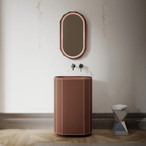 MonBlari Beryl Series geometric matte brown pedestal sink with crisp white rim