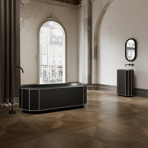 Matte black geometric bathtub with crisp white edge in modern luxury bathroom