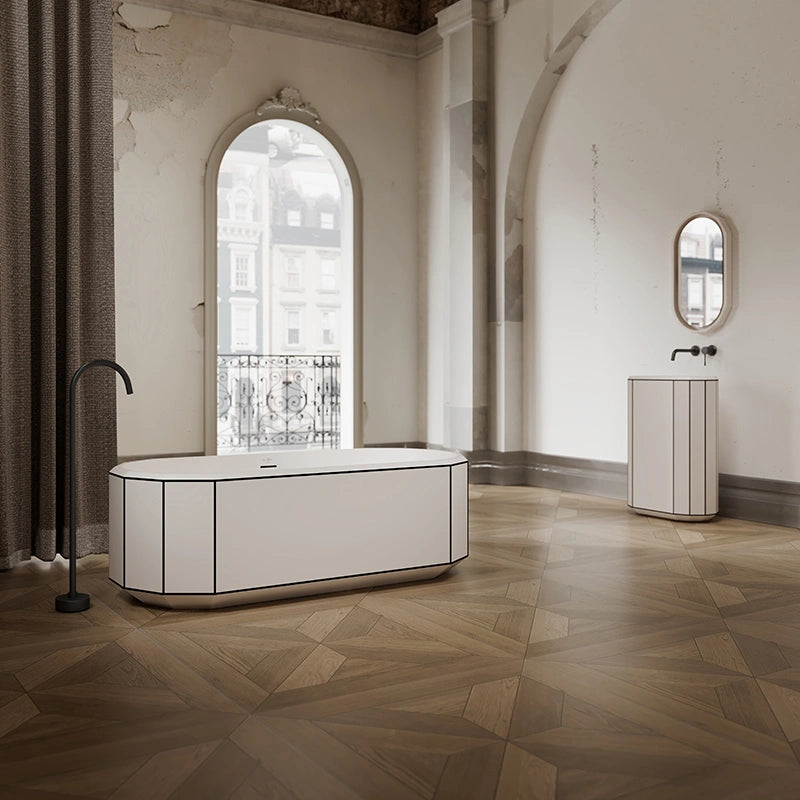 MonBlari BERYL Series freestanding bathtub with black rim in modern luxury bathroom