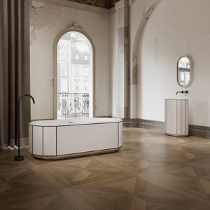 BERYL Series soaking tub featuring diamond-cut facets and striking black edge