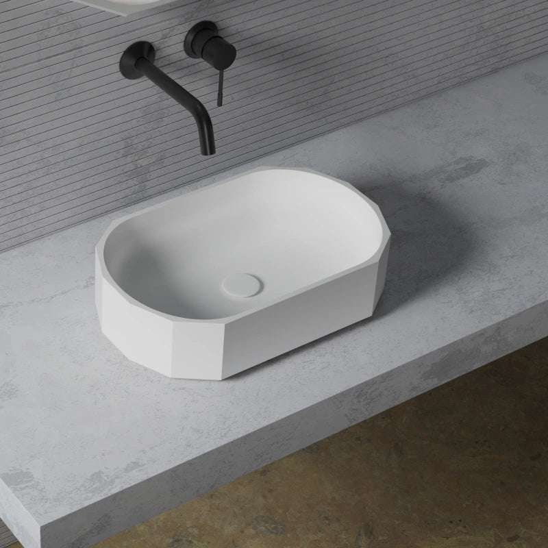 MonBlari BERYL Series solid surface countertop vessel sink in matte white for modern bathroom
