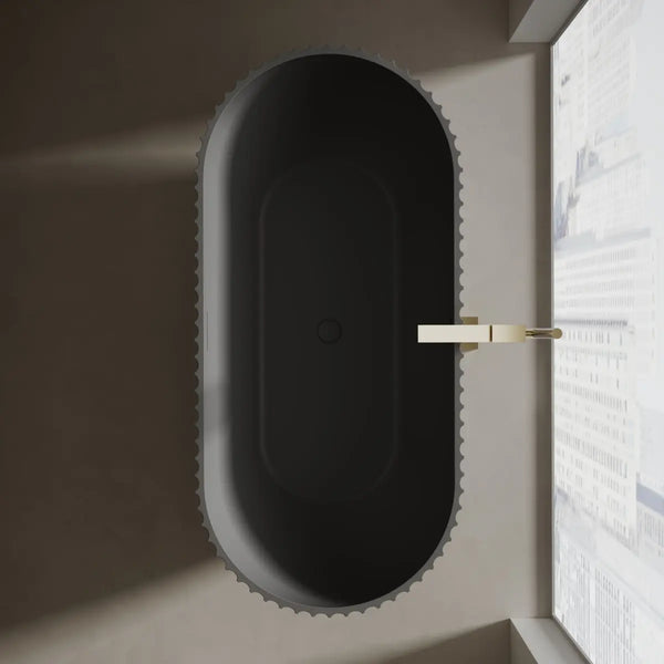 Venus series black curved soaking tub with ribbed exterior
