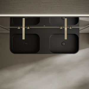 Matte black rectangular solid surface double sink in modern bathroom 