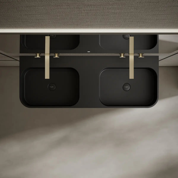 Matte black rectangular solid surface double sink in modern bathroom 