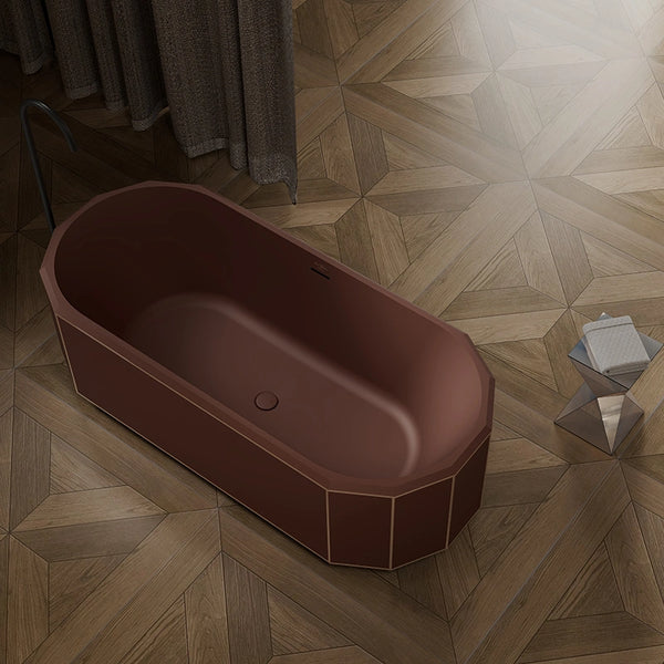 Brown and white freestanding deep soaking tub with architectural diamond-cut facets