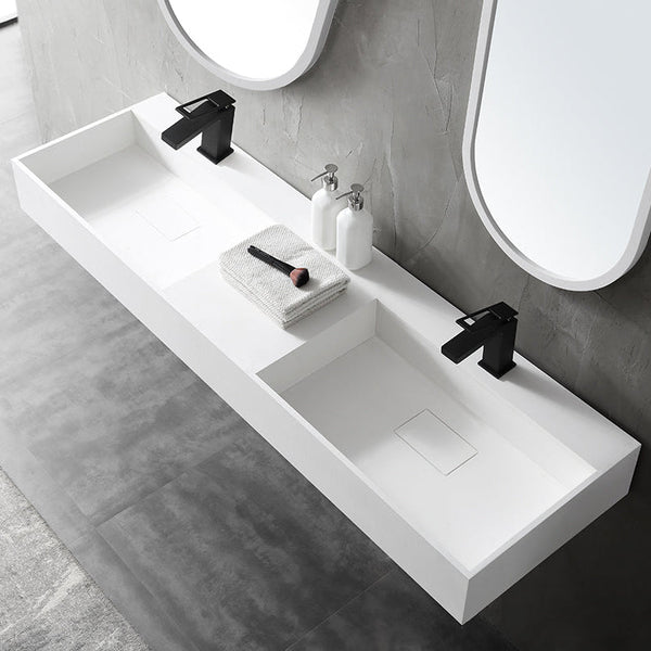Matte white solid surface wall mount sinnk with double design in modern bathroom