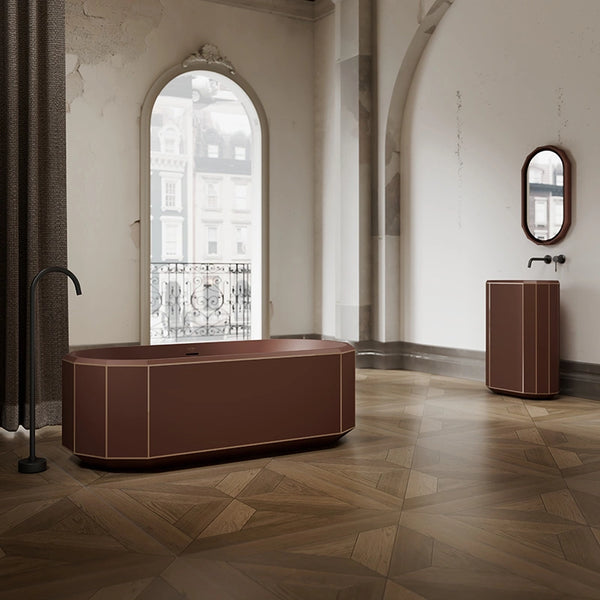 Earthy brown geometric bathtub with white edge in modern luxury bathroom