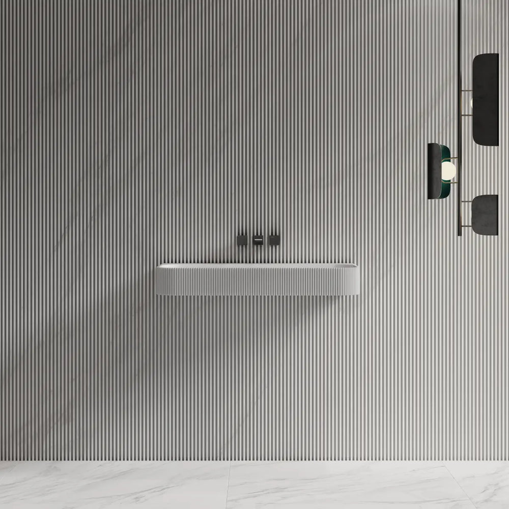 Mondern white solid surface bathroom wall mount sink with fluted design