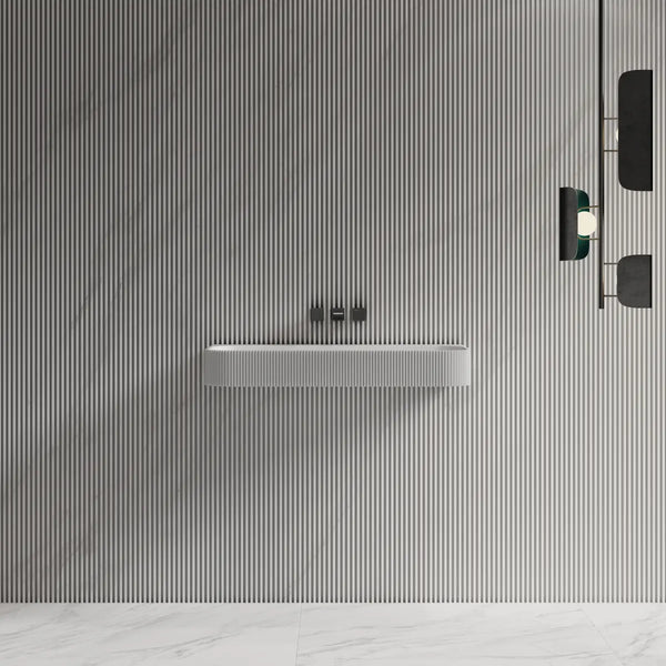 Matte white solid surface fluted design wall mount sink