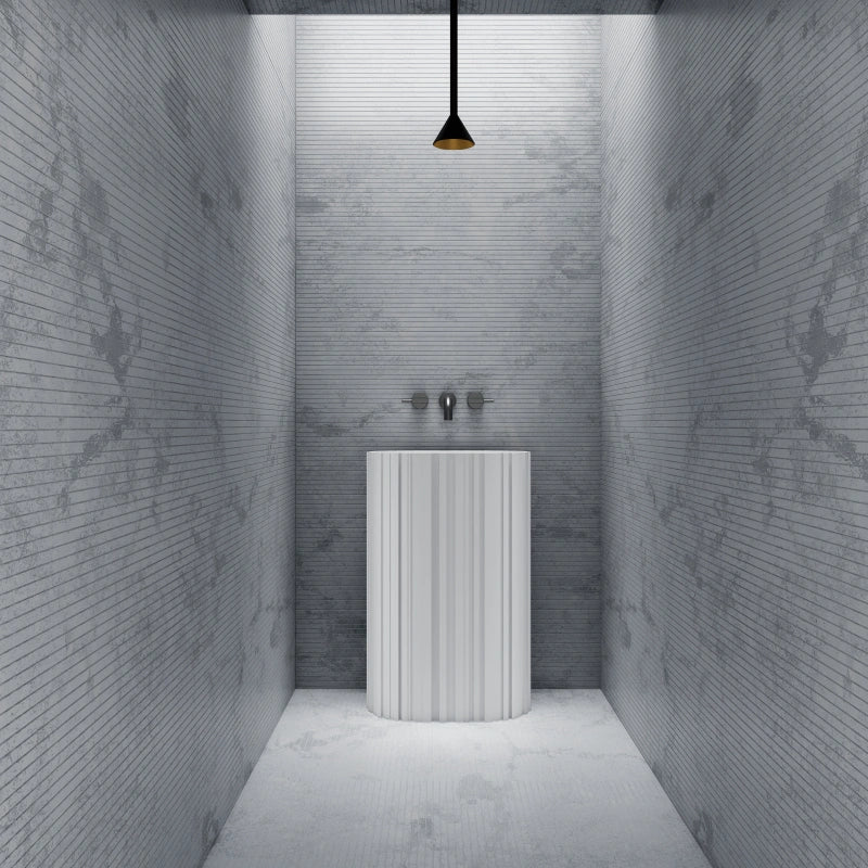Matte white fluted solid surface pedestal sink 580mm modern bathroom basin