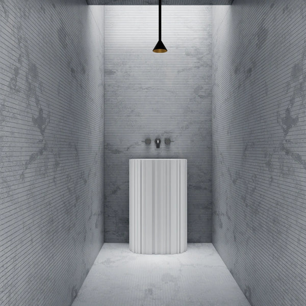 Modern solid surface pedestal sink fluted design front view