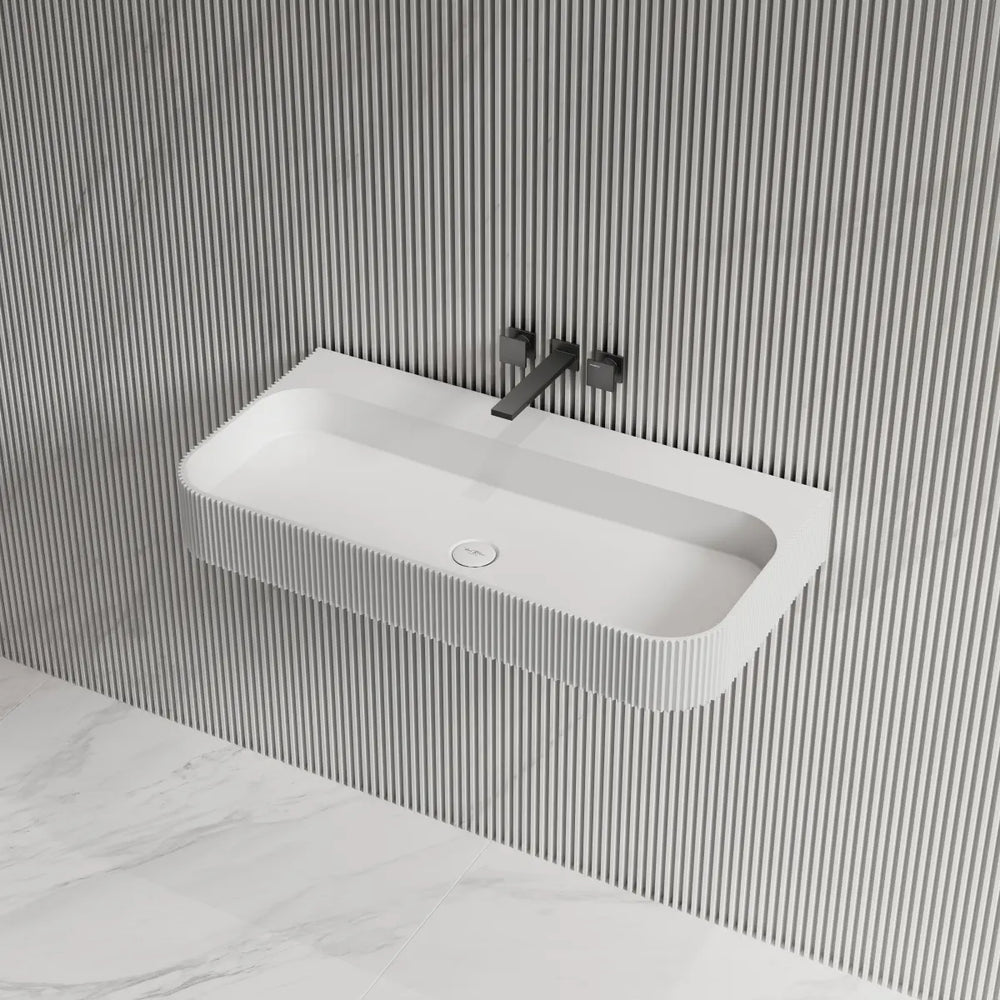 Mondern white solid surface bathroom wall mount sink with fluted design