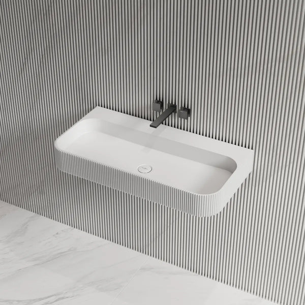 Mondern white solid surface bathroom wall mount sink with fluted design