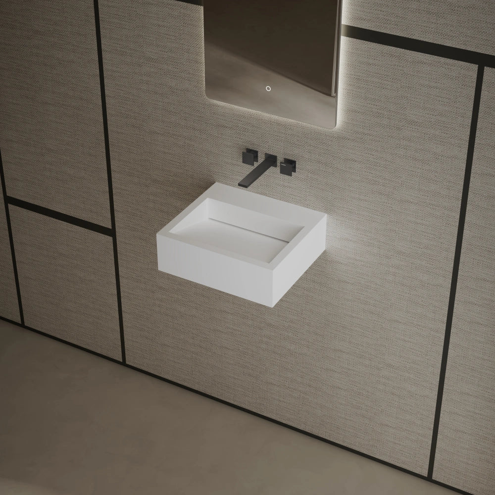 White rectangular sink wall mounted wash basin side top view close-up