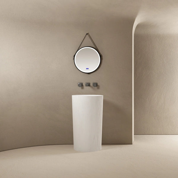 Fluted one-piece solid surface pedestal basin front view