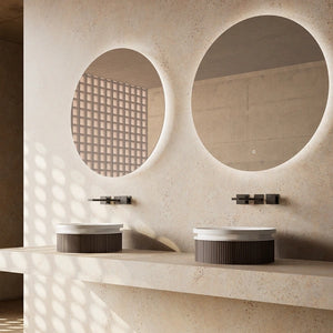 Textured ribbed round vessel washbasin inspired by natural forest elements