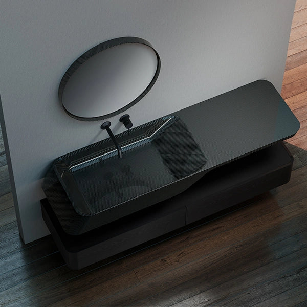 Futuristic wall-mounted bathroom vanity featuring unique marbled forged carbon texture