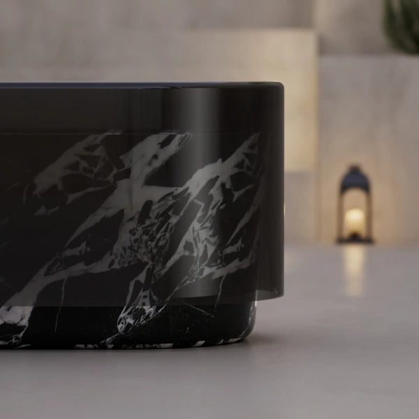 MonBlari HALO Series marble-inspired soaking tub with clear acrylic