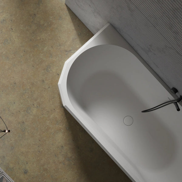Luxury wall mounted bathtub solid surface soaking tub in white for minimalist bathroom renovation by MonBlari BERYL Series