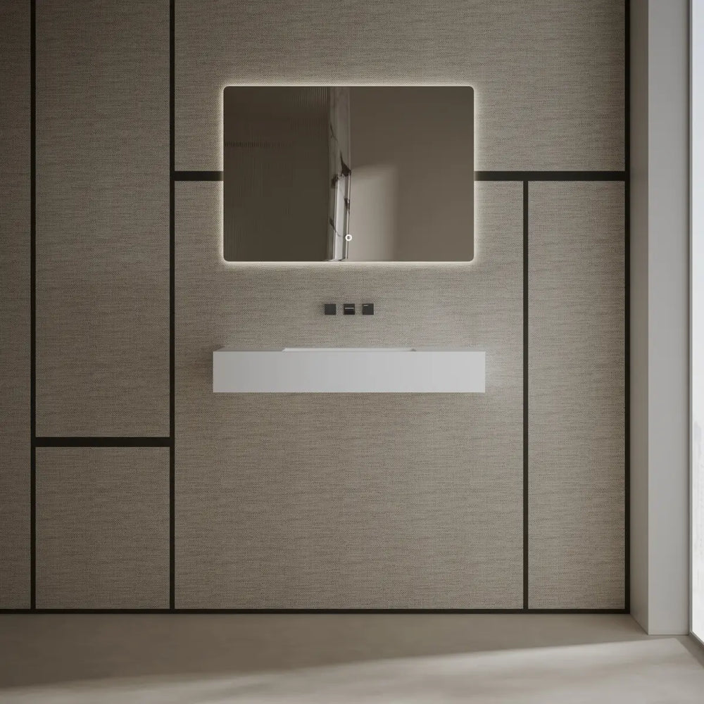 Modern matte white solid surface wall hung sink side top view close-up