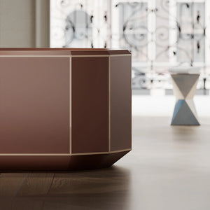 Luxury brown soaking tub with white accent rim creating a contemporary spa aesthetic