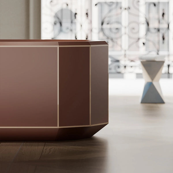 Luxury brown soaking tub with white accent rim creating a contemporary spa aesthetic