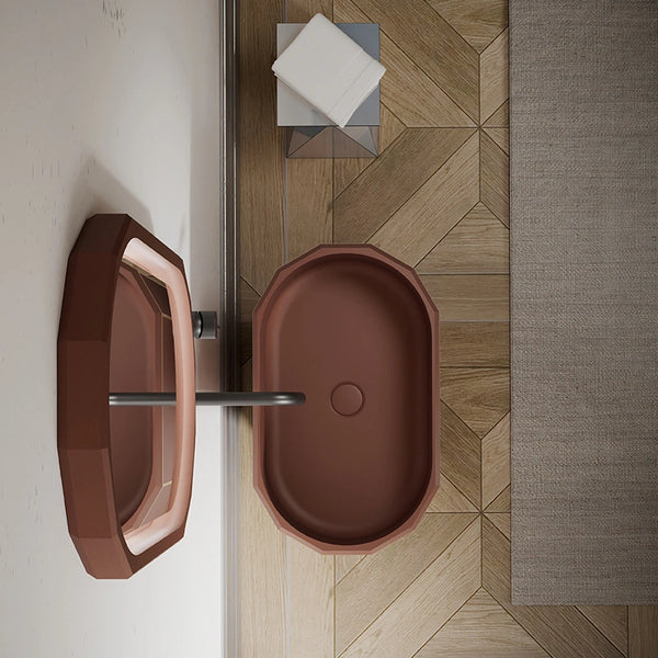 Freestanding geometric washbasin with white rim accent and matte finish