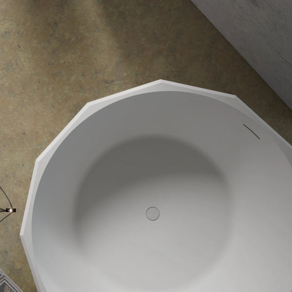 Luxury round soaking bathtub with solid surface finish by MonBlari BERYL Series for minimalist bathroom design