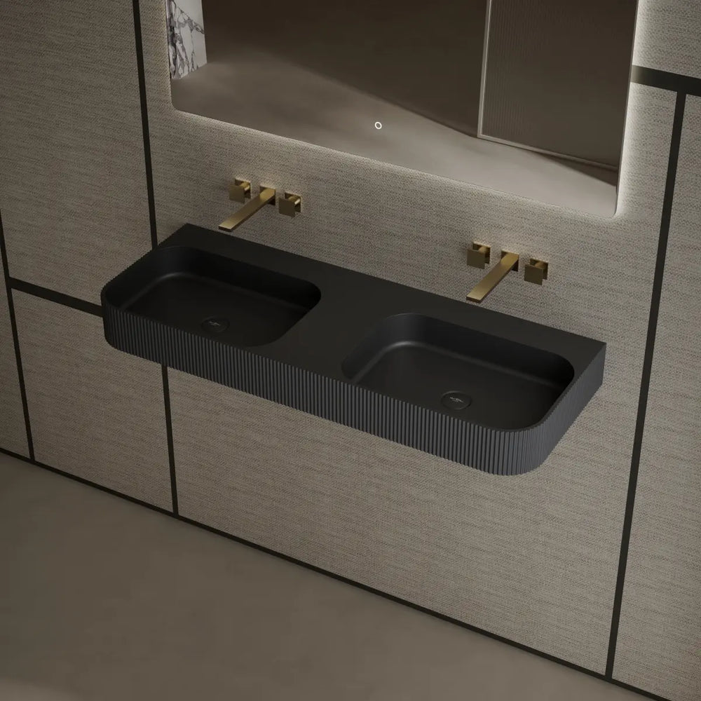 Black solid surface wall mount bathroom sink with modern rectangular design