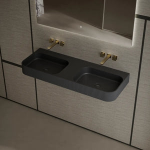 Black solid surface wall mount bathroom sink with modern rectangular design