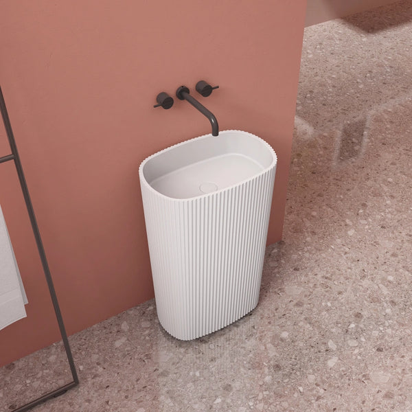 Fluted solid surface pedestal sink one piece matte white modern bathroom wash basin