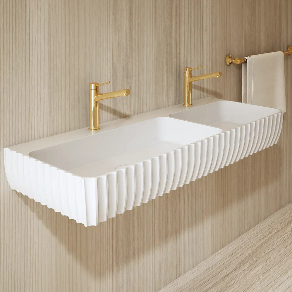 Double wall mounted bathroom sink with fluted solid surface dual basin design